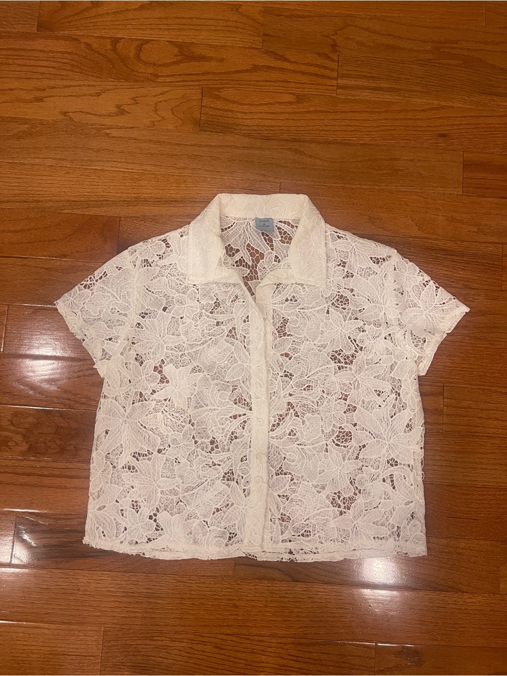 Shade & Shore White Floral Crocheted Short Sleeve Button Up Blouse Cover Up S